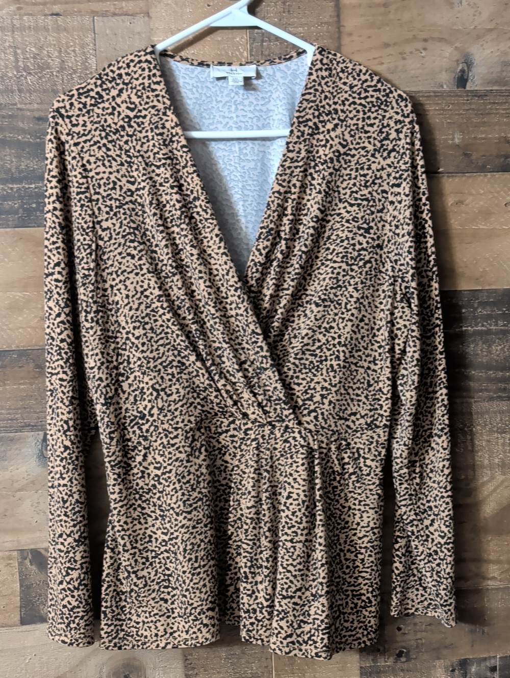 H by Halston Tan and Black V-Neck Printed Wrap Sweater